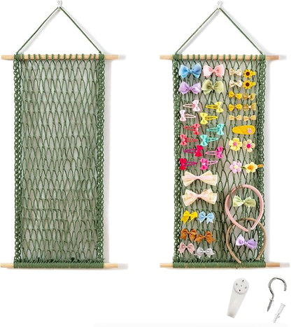Pretty Jolly Macrame Hair Clips Accessories Organizer Hairbow Holder Rack for Girl Clips Storage Claw Clip Ornaments Keeper for Girls Room Wall Hanging Decor(Green)