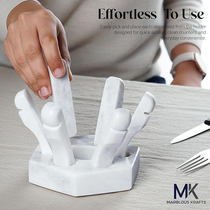 Marble Utensil Rest White Kitchen Counter Spoon Holder for Fork, Knife and Cutlery, Kitchen Utensil Rest for Clean and Organized Counter