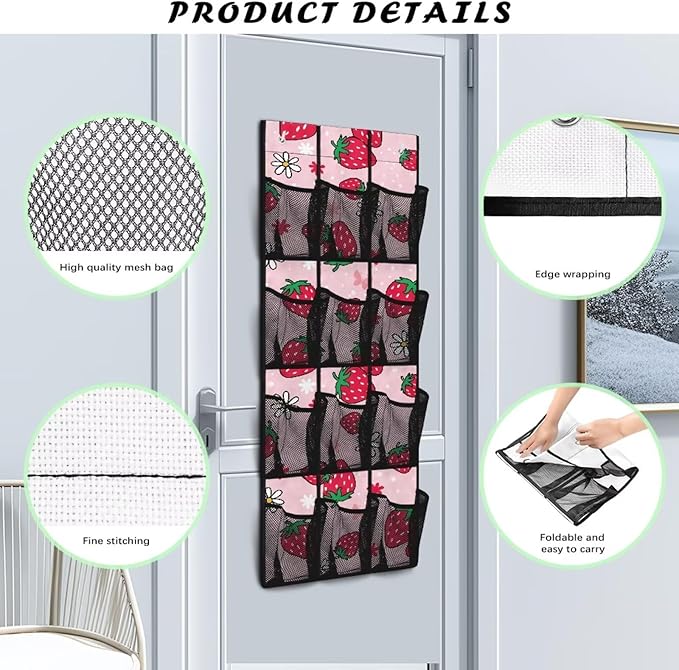 Pink Door Hanging Shoe Organizer Mesh Fabric Over The Door Shoe Organizer for Closet 12 Pockets Strawberry Wall Hanging Storage Space Saving Shoe Holder Hanger