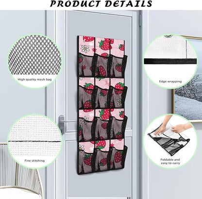 Pink Door Hanging Shoe Organizer Mesh Fabric Over The Door Shoe Organizer for Closet 12 Pockets Strawberry Wall Hanging Storage Space Saving Shoe Holder Hanger