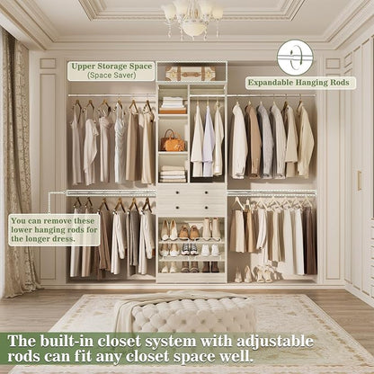 Besiost Closet System, 4.2–8.8 FT Closet Organizer with 2 Wooden Drawers and Shelves, Walk-in Closet System with 5 Hang Rods, Built-in Closet Tower, Can Fit 60 to 96 inch, Greige Oak