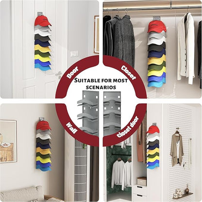 Hat Organizer Hold up to 20 Hats, 2 Pack Hat Rack for Wall with Strong Adhesive, Hat Organizer for Baseball Caps Display for Door Closet, Hat Hanger Holder Multilayer Two Mounting Option(Black)