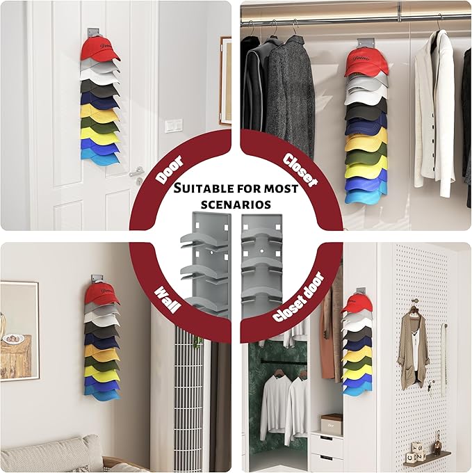 Hat Organizer Hold up to 10 Hats, Hat Rack for Wall with Strong Adhesive, Hat Organizer for Baseball Caps Display for Door Closet, Hat Hanger Holder Storage Multilayer Two Mounting Option(Black)