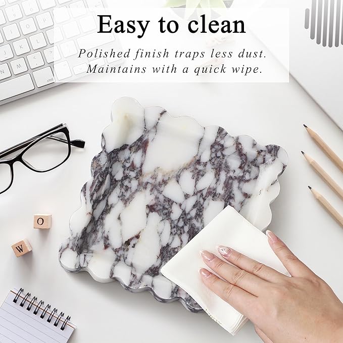 Square Marble Vanity Tray with Scalloped Edge - Natural Marble Perfume Tray Decor for Dresser, Vanity, Kitchen, Home Decor, Decorative Square Stone Tray - Calacatta Viola 8 * 8 inch