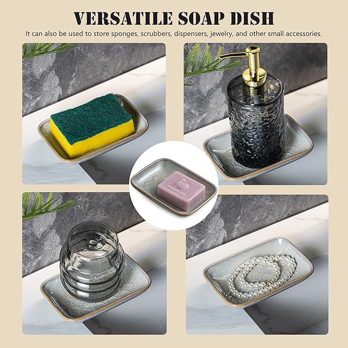 Gomakren Ceramic Soap Dish with Raised Scalloped Design, Versatile Soap Holder & Tray for Bathroom and Kitchen Sink, Prevents Soggy Soap, Rustic Modern Decor, Easy to Clean, Gray (5.59" x 4.02")