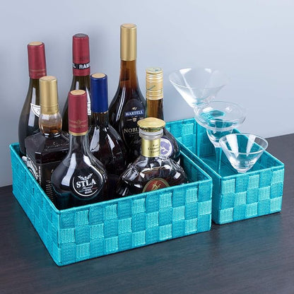 Posprica Woven Storage Baskets for Organizing, Small Black Baskets Cube Bin Container Tote Organizer Divider for Drawer, Closet, Shelf, Dresser, Set of 4(Aqua)
