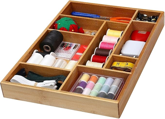 YBM HOME Bamboo Junk Drawer Organizer with 9 Compartment Organization Tray for Sewing, Craft, Office, Bathroom and Kitchen Storage, 337