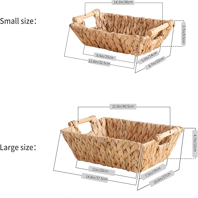 Handcrafted Water Hyacinth Basket, Hand Woven Wicker Shelf Basket for Storage, Organizing and Decoration, Rectangular, with Straight Wooden Handles, 1 Pack (Large)