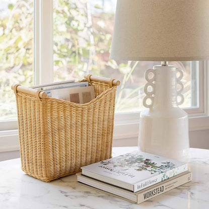 The Basket Lady Narrow Wicker Magazine Basket, Large, 14 in L x 7.5 in W x 12 in H, Sandstone