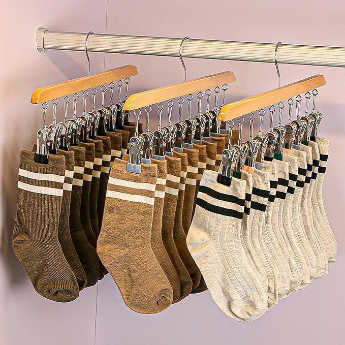 Legging Organizer for Closet - 24 Clips Yoga Pants Hangers Space Saving, Wood Hanging Closet Organizers and Storage for Leggings, Jeans, Skirts, Hats, Shorts, Socks - 360° Rotating（2 Pack Wood）
