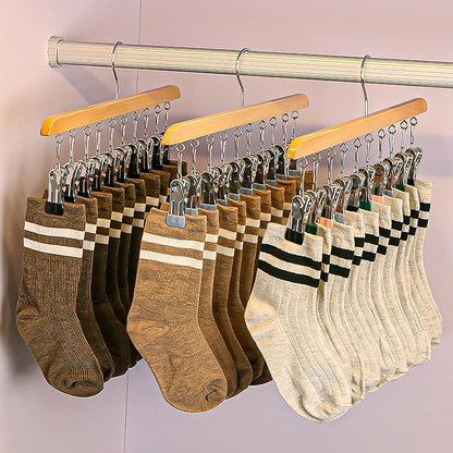 Legging Organizer for Closet - 24 Clips Yoga Pants Hangers Space Saving, Wood Hanging Closet Organizers and Storage for Leggings, Jeans, Skirts, Hats, Shorts, Socks - 360° Rotating（2 Pack Wood）
