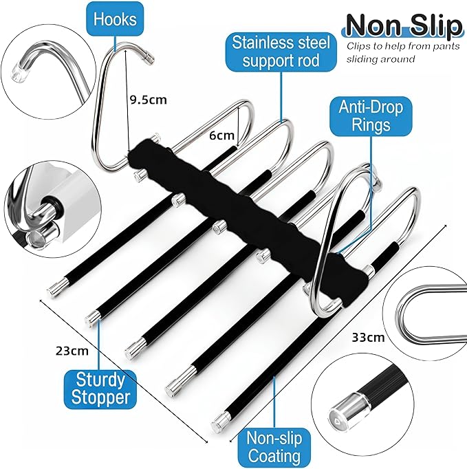Upgrade Pant Hangers Space Saving, Non Slip Stainless Steel Multifunctional Pants Rack S-Type Clothes Pant Closet Hanger Organizer with Hooks for Pants Jeans Trousers Scarf Skirts (Onyx Black, 4 Pack)