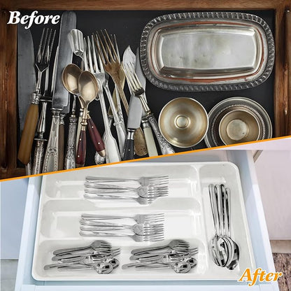 Milageto Cutlery Tray Multifunction Fittings with 4 Compartments - Compact Silverware Drawer Organizer, Storage Box for Flatware Silverware Stationery Kitchen Drawer Bathroom, White