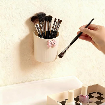 Wall-Mounted Plastic Small Makeup Brush Holder with Bow, Self-adhesive Multifunctional Holder Cup for Brushes, Pens & Pencils, Toothbrushes, Ideal for Bathroom or Office Countertop