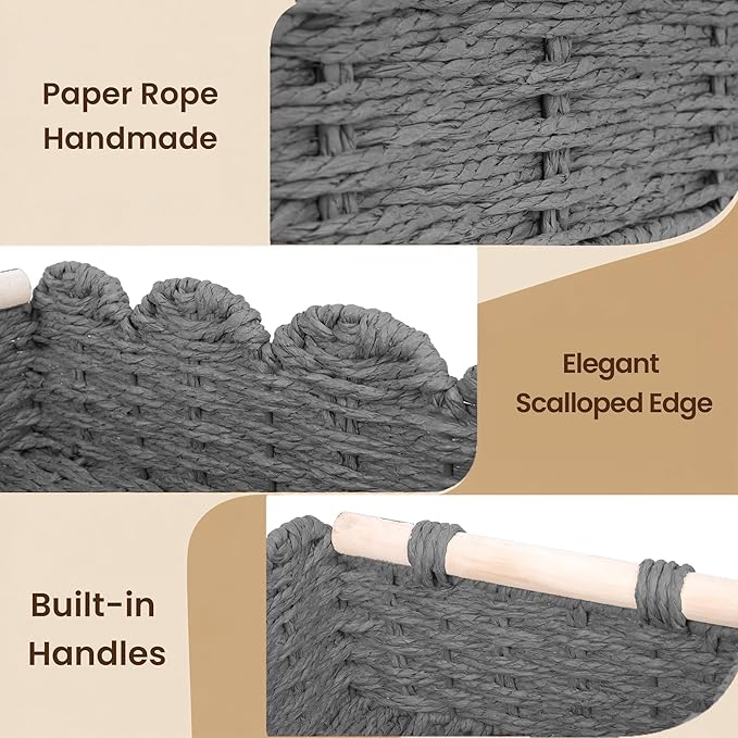 iEGrow Paper Rope Small Storage Baskets for Organizing, Set of 2 Scalloped Edge Wicker Basket with Wooden Handles Toilet Paper Basket for Over Toilet Storage Shelf, Home Decor, Living Room (Grey)