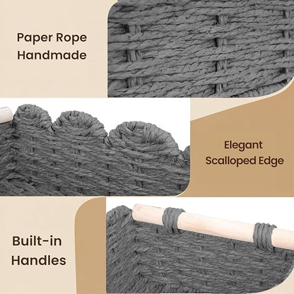 iEGrow Paper Rope Small Storage Baskets for Organizing, Set of 2 Scalloped Edge Wicker Basket with Wooden Handles Toilet Paper Basket for Over Toilet Storage Shelf, Home Decor, Living Room (Grey)