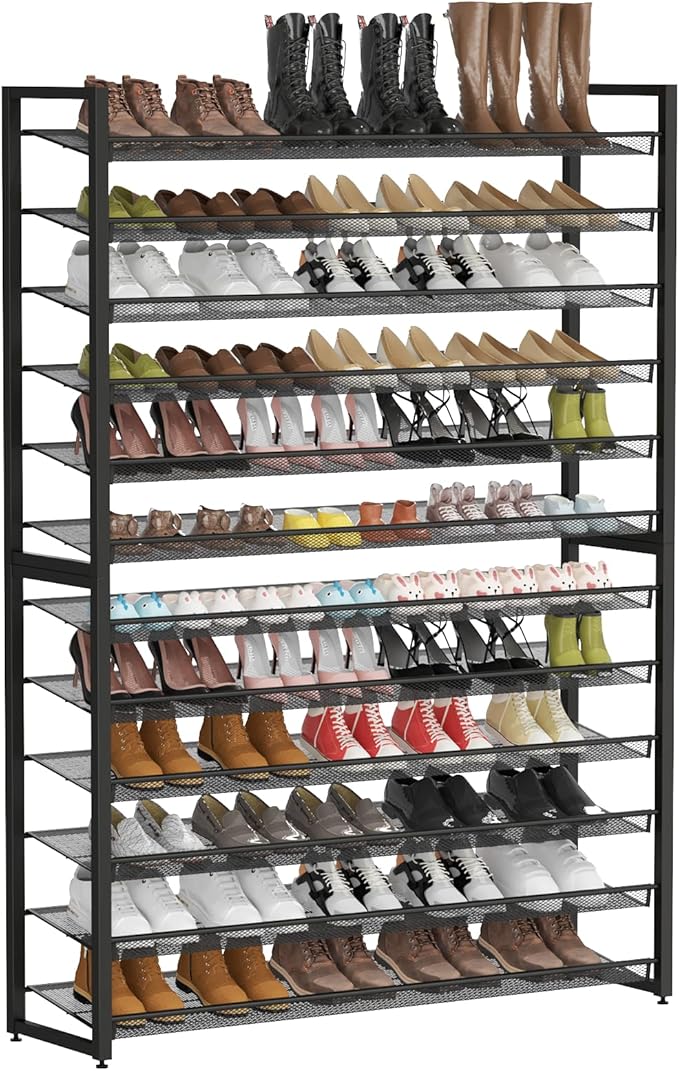 Metal Shoe Rack,Large 12 Tier Shoe Organizer, Heavy Duty Metal 6-Tier Stackable Shoe Storage Vertical Shoe Rack for Closet Front Door Entrance,Entryway,GarageUp to 76 Pairs,Black