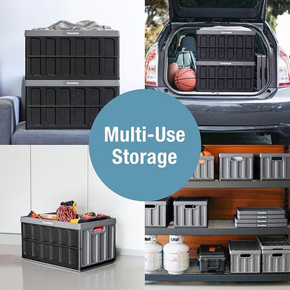 CleverMade Collapsible Storage Bins with Lids, 62L – Heavy Duty Foldable Plastic Storage Crates for Garage, Closet & Trunk Organization - Stone