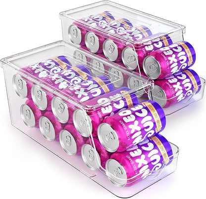 theaoo Large Stackable Refrigerator Organizer Bins AND Soda Can Dispenser for Refrigerator with Lids