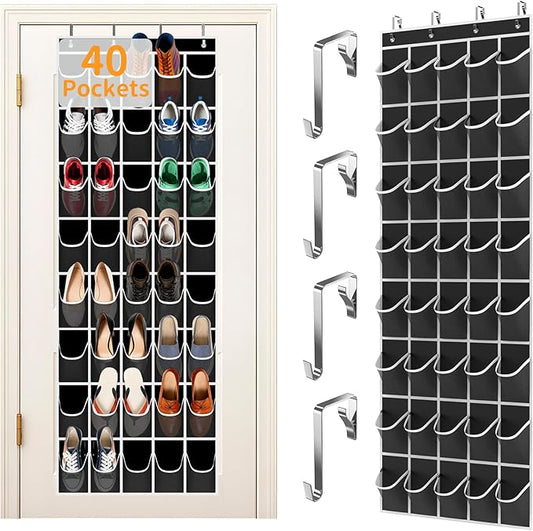 Over the Door Shoe Organizer with 40 Large Pockets, Multi-Purpose Storage for Shoe and Accessories, Durable Fabric with Adjustable Hooks for Home Closet Bedroom Entryway-Black