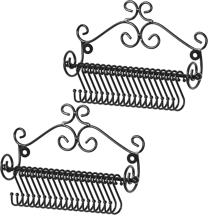 MyGift Necklace Holder Wall Mount, Set of 2 Jewelry Organizer - Black Metal Scrollwork Design Necklace Hanger Jewelry Display Storage Rack with 20 Hanging S-Hooks