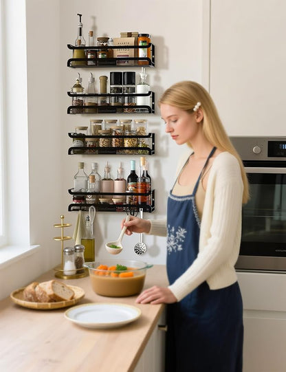 Spice Rack Wall Mount with Hooks - Spice Racks Organizer for Cabinet Storage, Wall Mounted Hanging Shelf Seasoning Organizer, for Kitchen, Pantry Door, Bathroom (Black, 1 Pack)