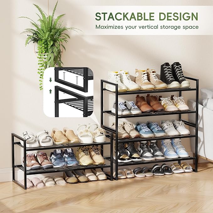 2 Tier Shoe Rack, Industrial 27" Wide Shoe Organizer with Extra Thick Metal Frame, Closet Shoe Shelf with Quick Assembly, Matte Black