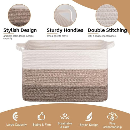 OIAHOMY Large Blanket Basket, 65L Cotton Rope Woven Laundry Basket, Toy Bin for Baby Room, Container for Blanket Storage in Living Room, 20''×16''×12'', Gradient Brown
