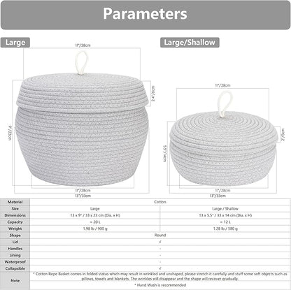 Sea Team Round Cotton Rope Storage Basket with Lid, Decorative Woven Storage Bin, Pot, Caddy, Organizer, Container for Snacks, Towels, Plants, 13 x 9 Inches (Large, Black)