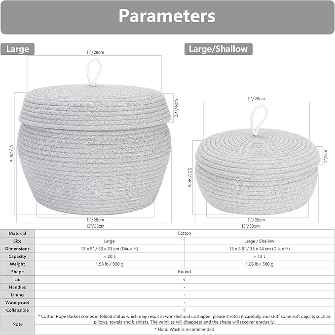 Sea Team Round Cotton Rope Storage Basket with Lid, Decorative Woven Storage Bin, Pot, Caddy, Organizer, Container for Snacks, Towels, Plants, 13 x 9 Inches (Large, Grey)