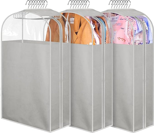 MISSLO 10" Gusseted Garment Bags for Hanging Clothes 32" Suit Bags for Closet Storage Clothing Covers for Shirts, Coats, 3 Packs, Grey