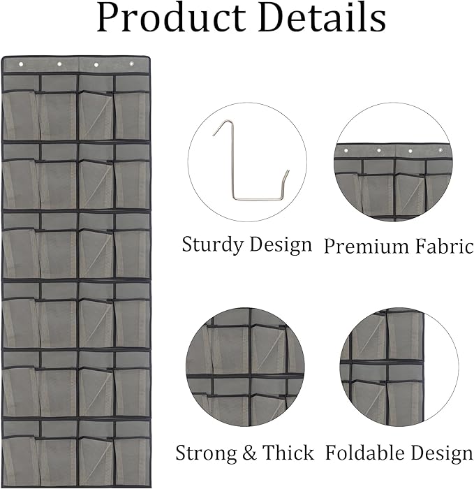 Gray Over Door Shoe Organizer, 24 Large Pockets Hanging Storage for Closet Organization, Space Saving Shoe Rack and Accessory Holder