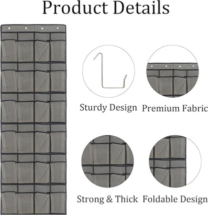 Gray Over Door Shoe Organizer, 24 Large Pockets Hanging Storage for Closet Organization, Space Saving Shoe Rack and Accessory Holder