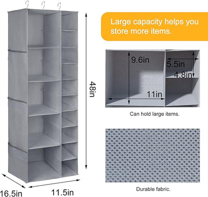 Libeder Shoe Organizer for Closet, 15 Shelf Hanging Closet Storage Shelves - 10 Shoe Rack Organizer and 5 Compartment for Clothes with 6 Side Mesh Pockets for Scarves Socks,Gloves Grey