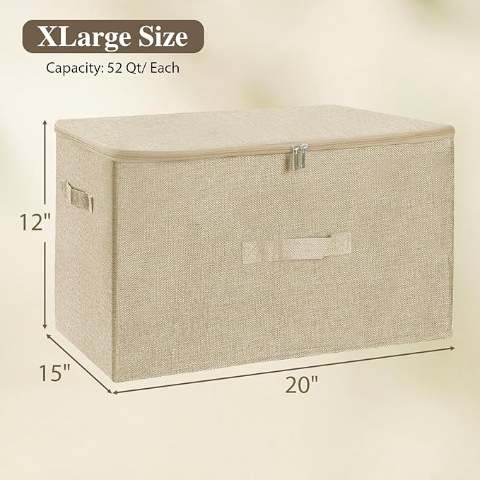 ANMINY Storage Bins with Zipper Lids 51.9 Qt Lidded Fabric Storage Boxes Baskets Cubes with Handles Collapsible Washable Cotton Linen Closet Shelf Clothes Organizer - Beige, Extra Large