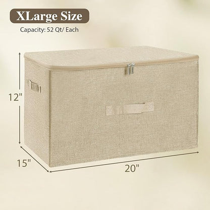 ANMINY Storage Bins with Zipper Lids 51.9 Qt Lidded Fabric Storage Boxes Baskets Cubes with Handles Collapsible Washable Cotton Linen Closet Shelf Clothes Organizer - Beige, Extra Large