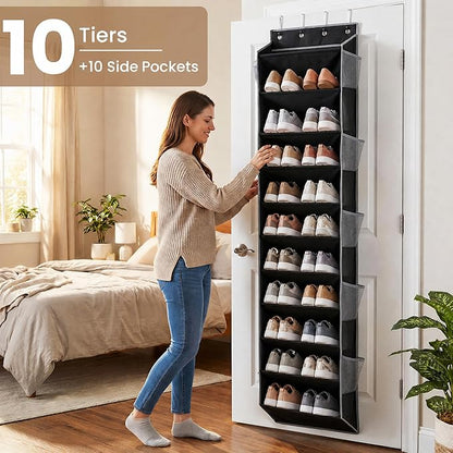 10-Tier Over The Door Organizer with 4 Anti-Scratch Silicone Hooks & 10 Side Pockets, Hanging Shoe Organizer for Closet (20 Pairs), Behind the Door Storage