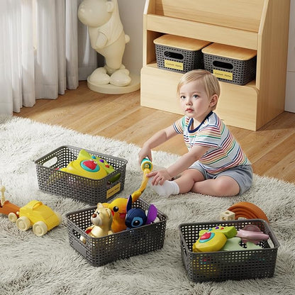 8 Pcs Plastic Storage Bins with Bamboo Lids and Labels 5.29qt Stackable Box Basket Pantry Decorative Containers, Small Storage Baskets for Drawers Organizing Closets Bedrooms Cabinets 10*7.2*4.1"