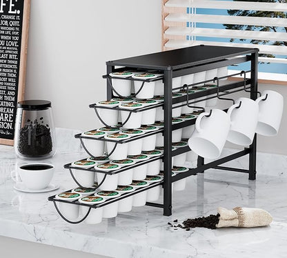 HFHOME Coffee Pod Holder For Counter, Pod Holder for K-cups, 5-tier Metal Coffee Capsule Storage Drawer, 70 Capacity Pods Organizer for Cafe Counter, Home, Office or Kitchen,3 cup rack, Black