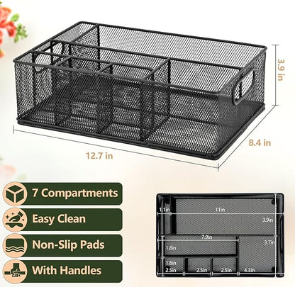 Metal Silverware Caddy for Countertop – 7 Compartment Paper Plate and Utensil Organizer with Side Handles – Cutlery Holder for Party, Buffet, Picnic, or Kitchen Table