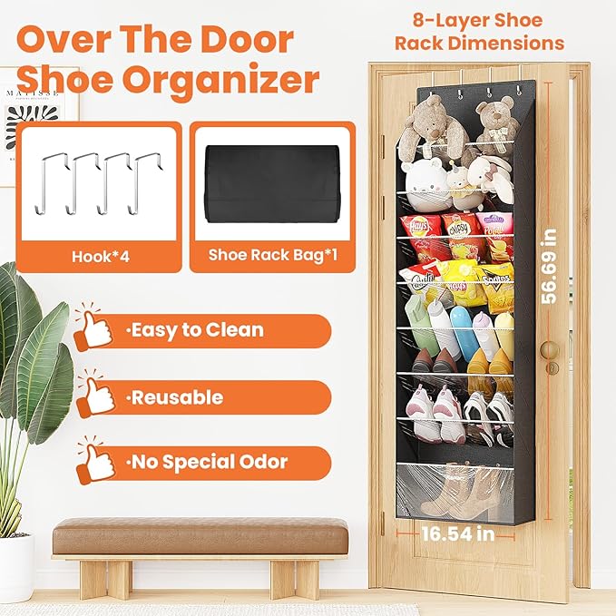 ZATOCL 8-Tier Over The Door Organizer, Space Saving Hanging Shoes Organizer and Storage Unit, Organizer for Closet, Bedroom, Entryway, Black