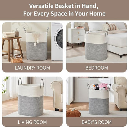 AINUOQI Laundry Basket with Handles - Blanket Basket & Hampers for Bedroom Aesthetic, Laundry Hamper & Blanket Storage for Living Room, Clothes Hamper, Tall, Large 17" x 14" x 24”, White & Grey