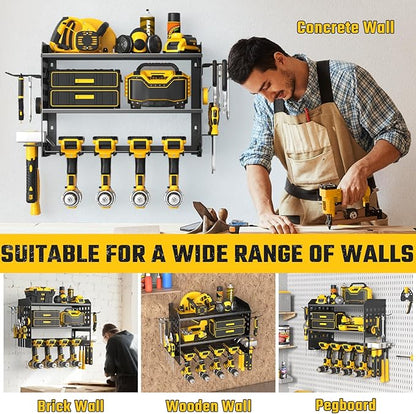 SUNALLY Power Tool Organizer, Heavy Duty Wall Mount Tool Organizer 3 Layers with 4 Drill Holders, Garage Tools Storage Rack with 2 Side Pegboards and Hooks for Workshop, Shed, Black