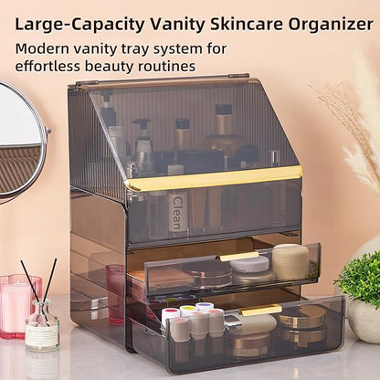 Large 3-Tier Makeup Organizer with Drawers and Lipstick Holder, Dustproof Waterproof Skincare Storage Box for Bathroom Countertop, Vanity Cosmetic Organizer,Clear Black