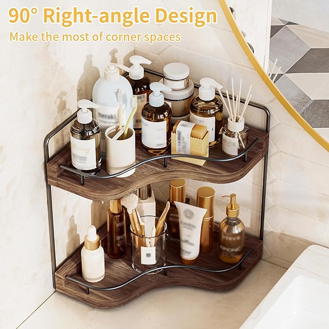 2-Tier Corner Bathroom Counter Organizer with Embedded Screw Holes, Secure & Stable Wood Vanity Shelf for Makeup and Skincare Essentials - Space Saving Bathroom Countertop Storage, Dark Brown