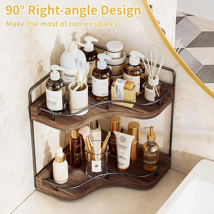 2-Tier Corner Bathroom Counter Organizer with Embedded Screw Holes, Secure & Stable Wood Vanity Shelf for Makeup and Skincare Essentials - Space Saving Bathroom Countertop Storage, Dark Brown
