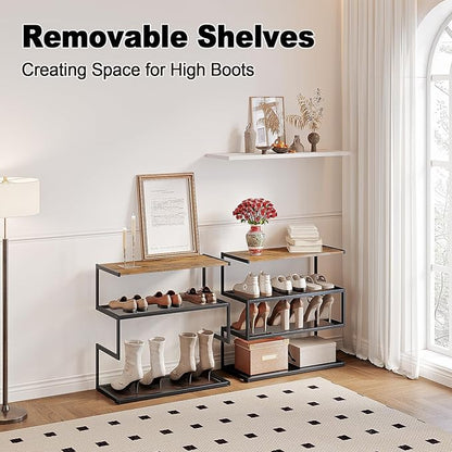 Shoe Rack, Unique 5-Shaped Free Standing Shoe Shelf, 4-Tier Wooden Shoe Organizer with Wooden Top and Steel Frame for Front Door Entrance, Entryway, Hallway, 24.41" D x 11.02" W x 23.23" H