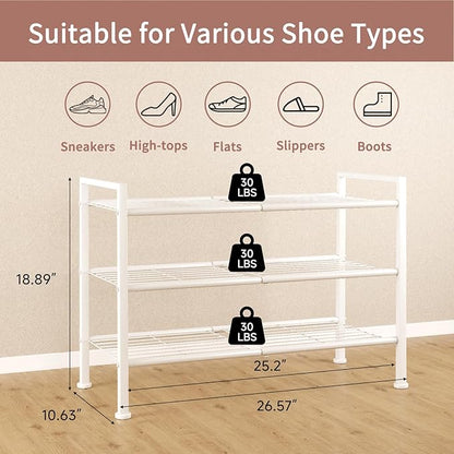 3-Tier Metal Shoe Rack, Sturdy Floor-Mounted Storage Organizer for Closet Entryway Garage Dorm Room, Easy Assembly Multi-Purpose Shelf, White