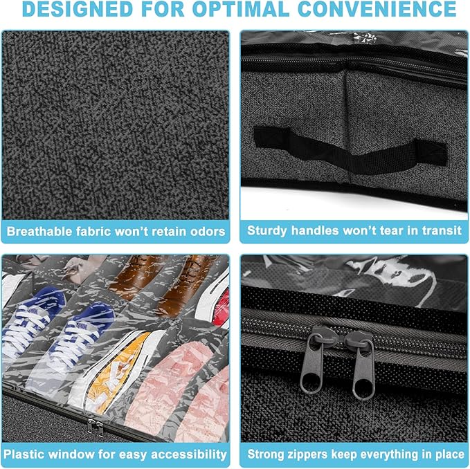 Under Bed Shoe Storage Organizer for Closet, 24 Pairs Sturdy Underbed Shoe Storage Boxes Bins Container Foldable Shoes Storage with Reinforced Handles & Clear Window for College Dorms Grey, Set of 2