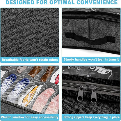 Under Bed Shoe Storage Organizer for Closet, 32 Pairs Sturdy Underbed Shoe Storage Boxes Bins Container Foldable Shoes Storage with Reinforced Handles & Clear Window for College Dorms Grey, Set of 2